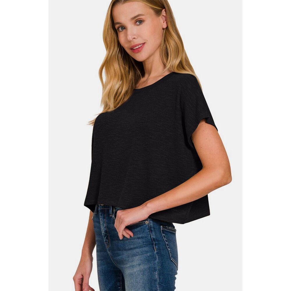 💥3/$55💥Zenana Casual Boxy Tee  in Black Short Sleeve Crop T-Shirt sz L